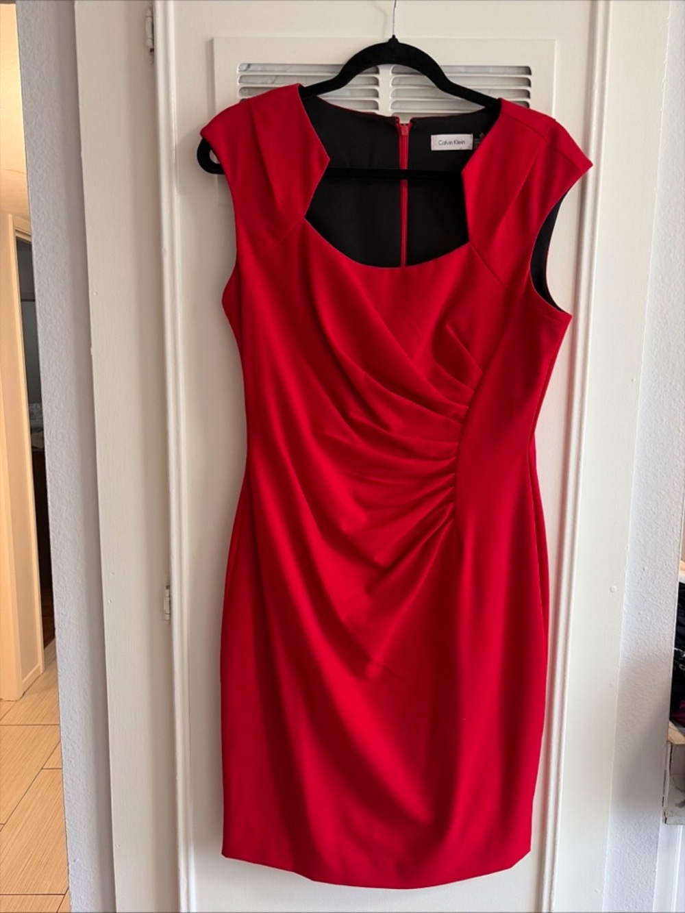 Calvin Klein Red Cap-Sleeve Sheath Dress Gathered Waist Knee Length Semi Formal